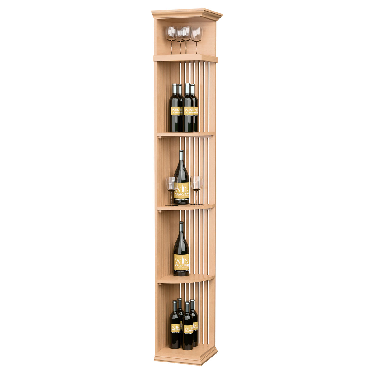 Lattice quarter round wine shelf with square base, pale wood finish and vertical wine cubbies