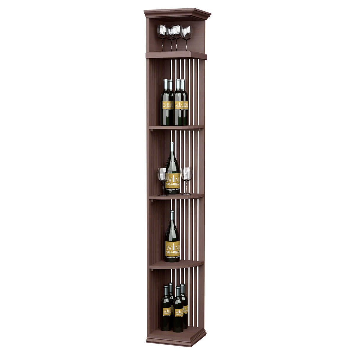 Lattice quarter round wine shelf with square base, dark wood finish and bottle display