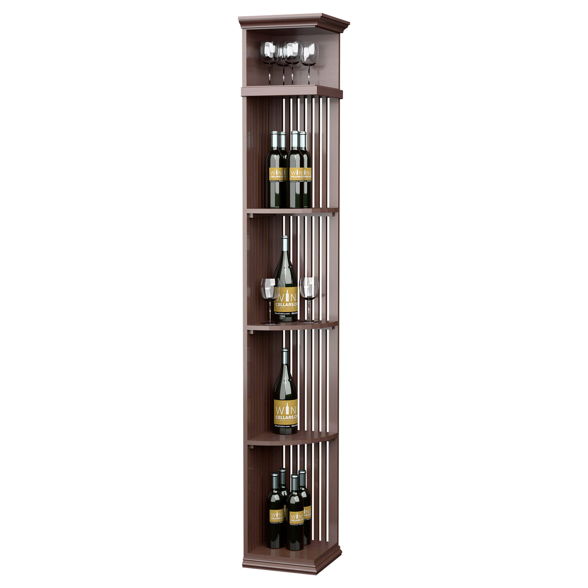 Lattice quarter round wine shelf with square base, dark wood finish and stacked wine bottle shelves