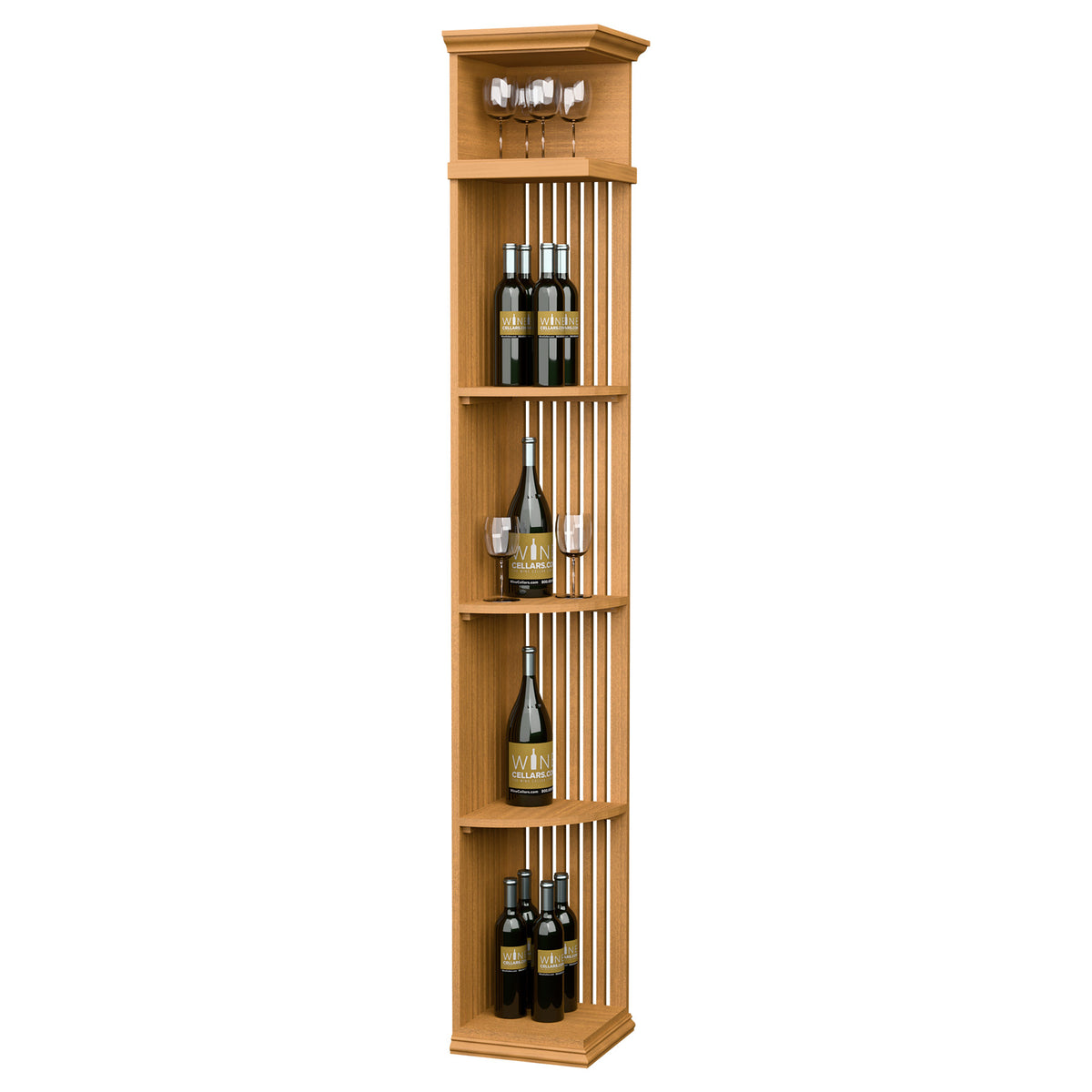 Lattice quarter round wine shelf with square base, natural wood tone and bottle cubbies