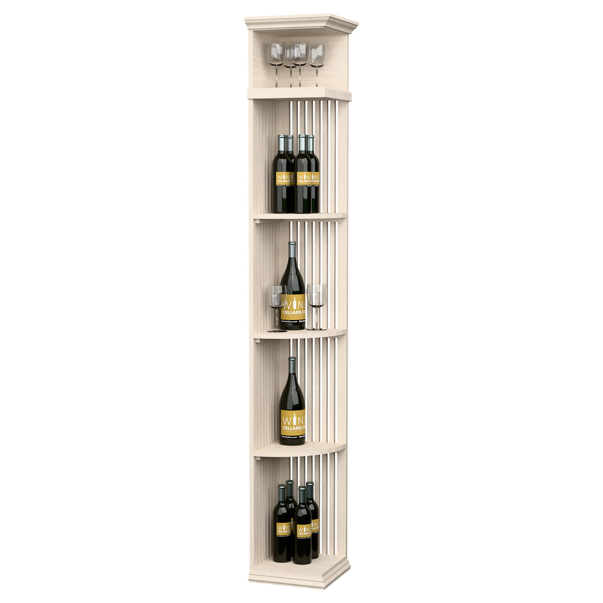 Lattice quarter round wine shelf with square base, whitewashed finish and bottle slots