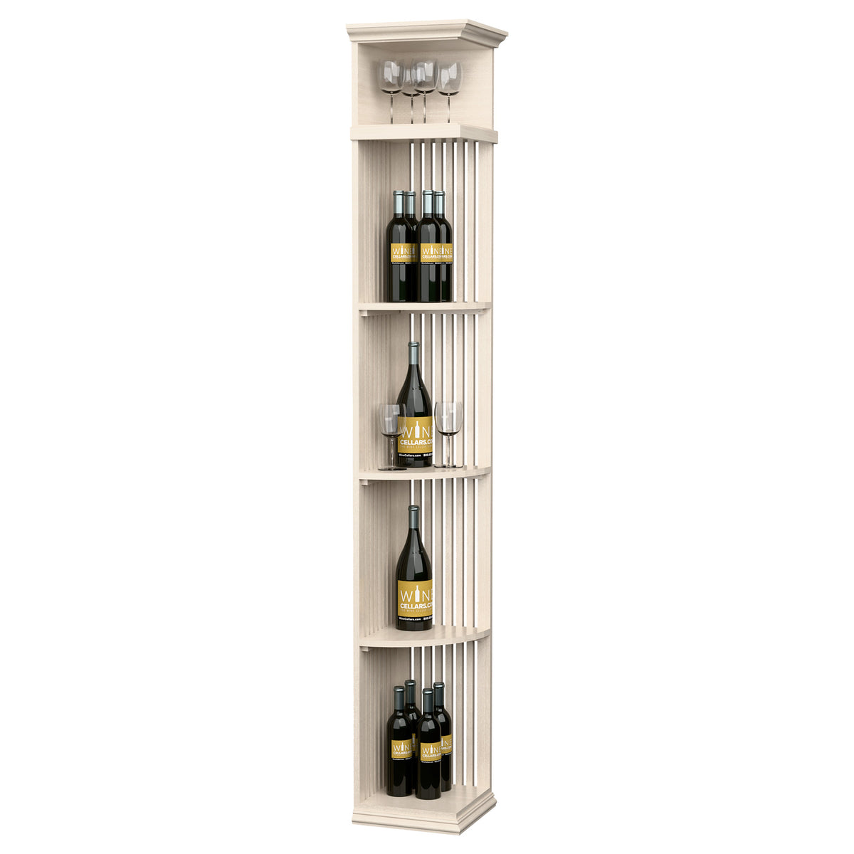 Lattice quarter round wine shelf with square base, whitewashed finish and vertical wine racks