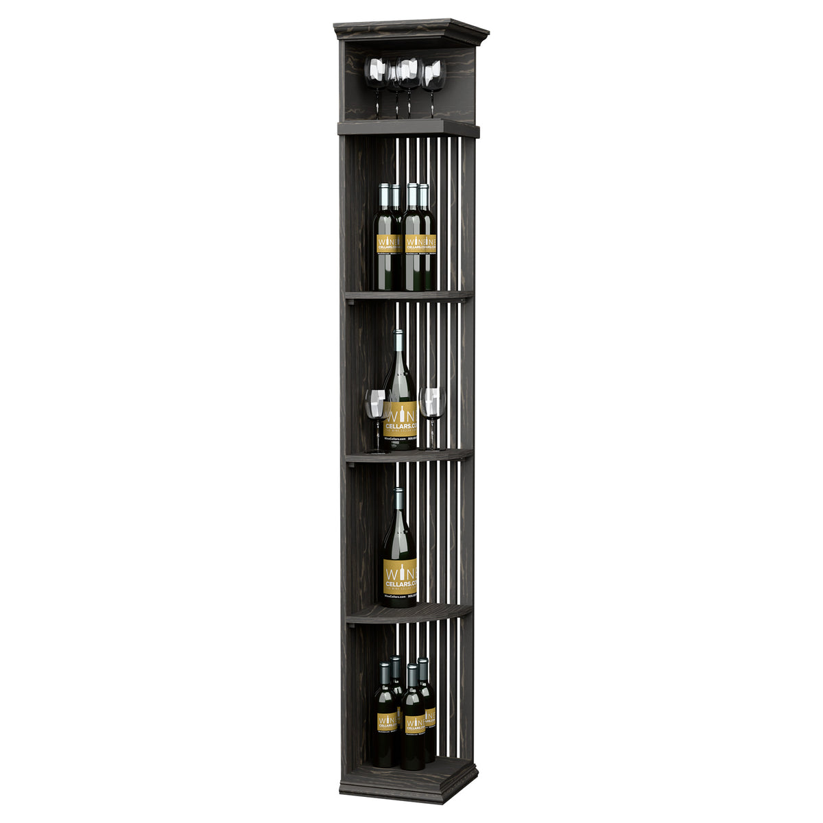 Dark wooden wine bottle display shelf with lattice panels and square base