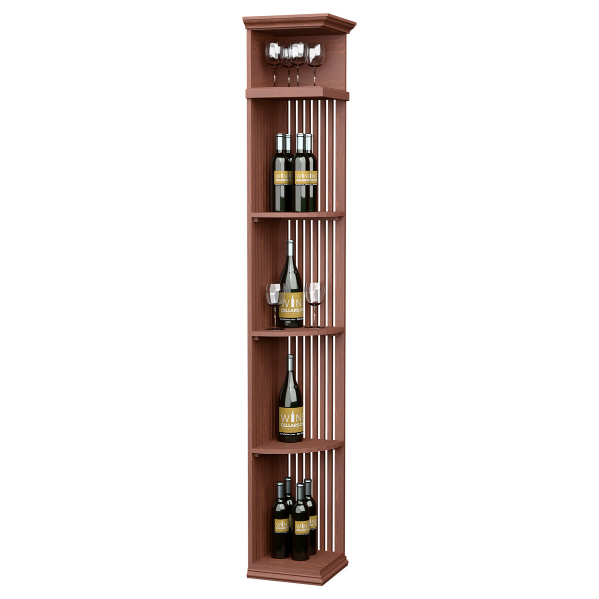 Red-brown wooden wine bottle display shelf with lattice panels and square base