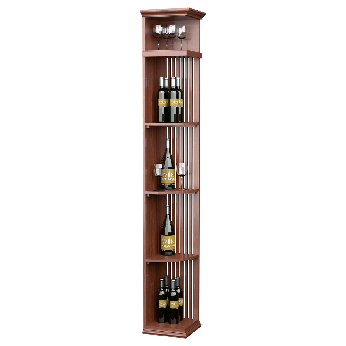 Rust-brown wooden wine bottle display shelf with lattice panels and square base