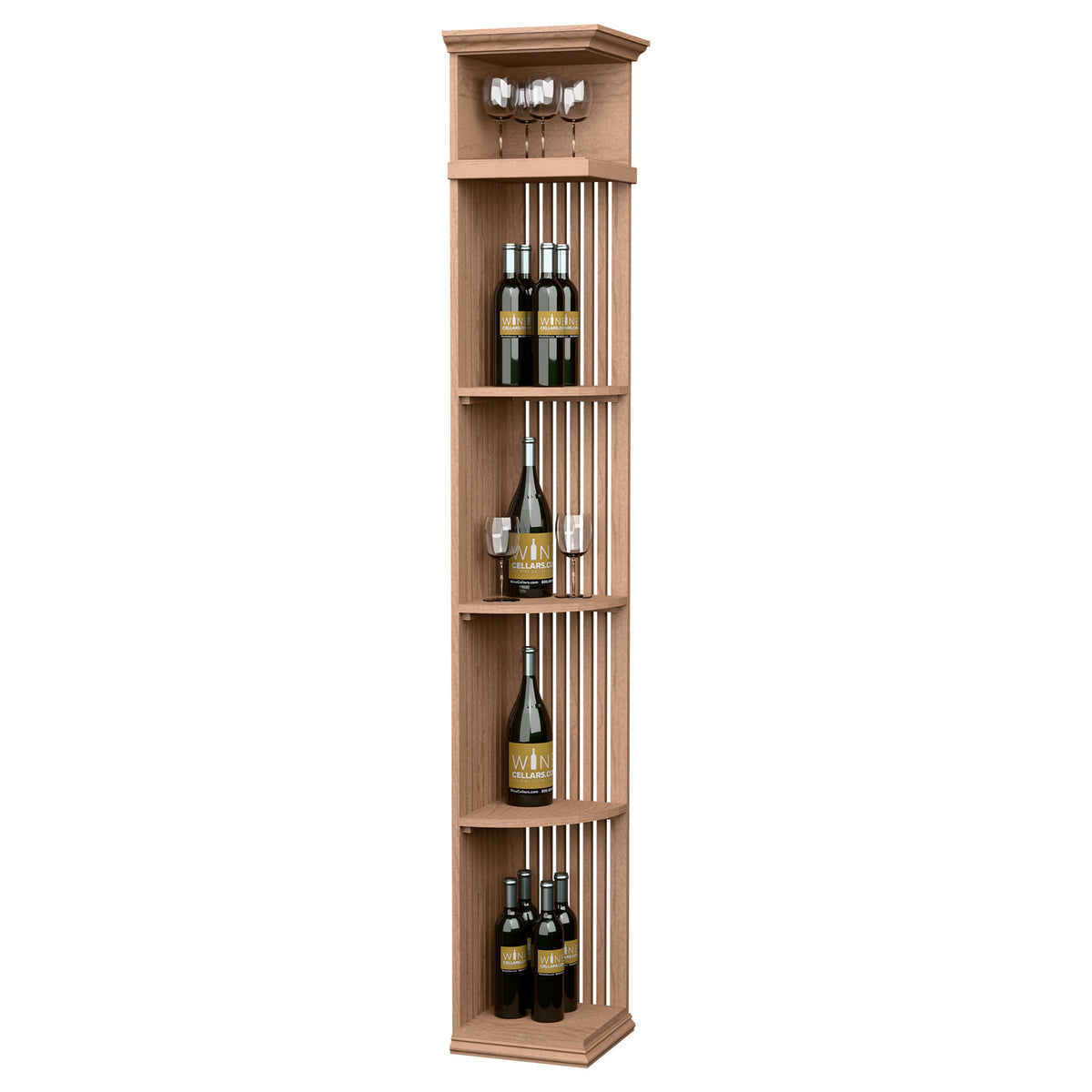 Light wood wine bottle display shelf with lattice panels and square base