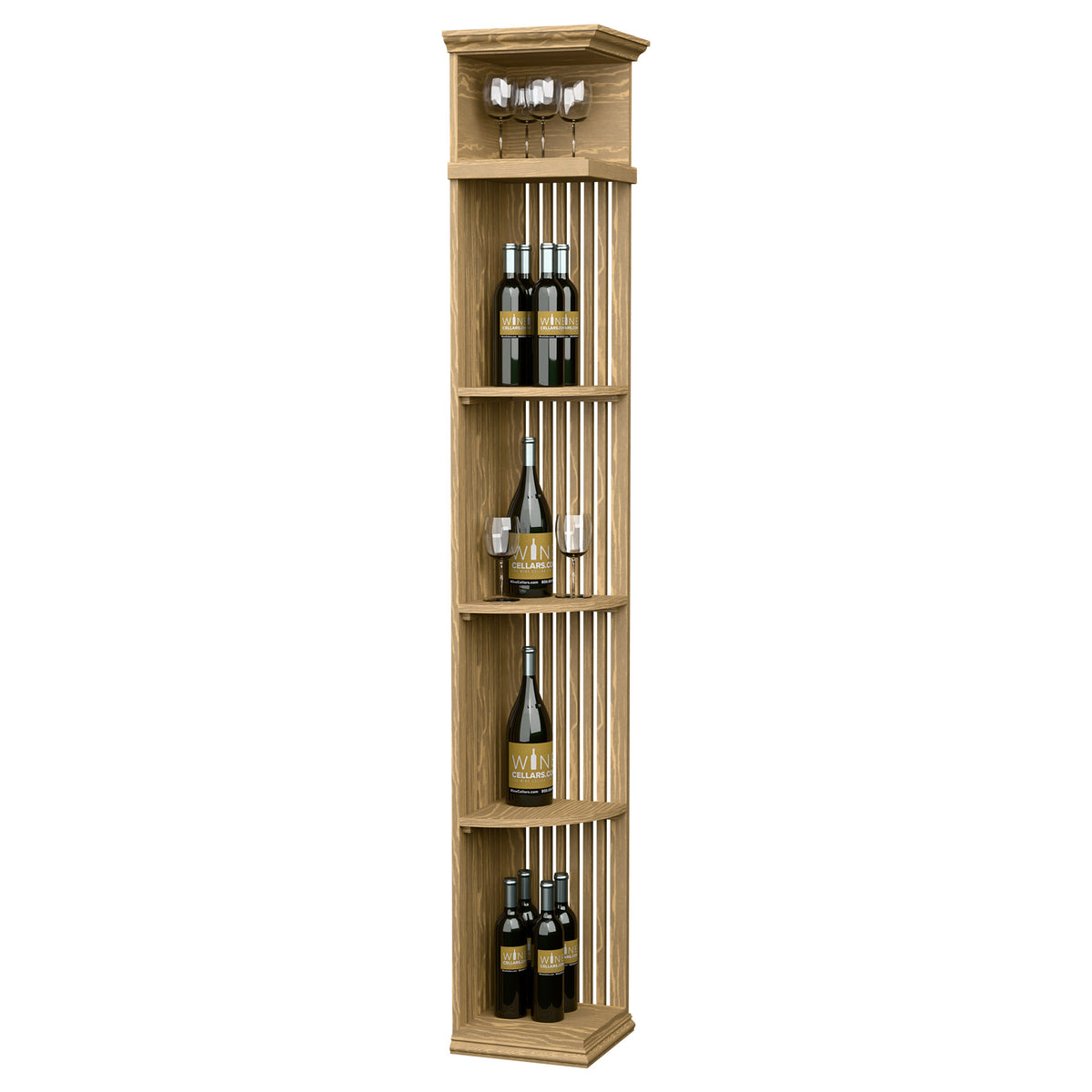 Light oak-style wine bottle display shelf with lattice panels and square base