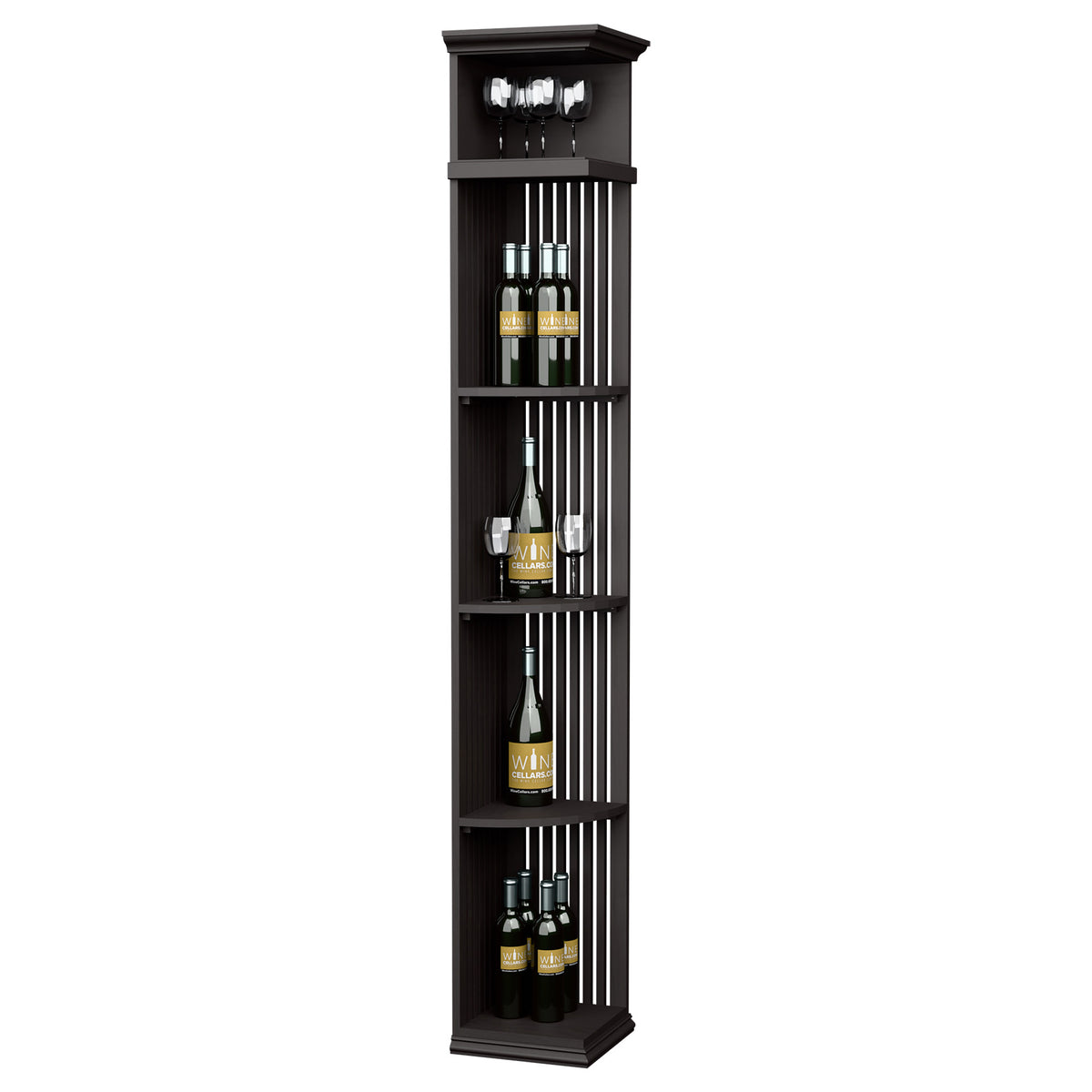 Black wooden wine bottle display shelf with lattice panels and square base