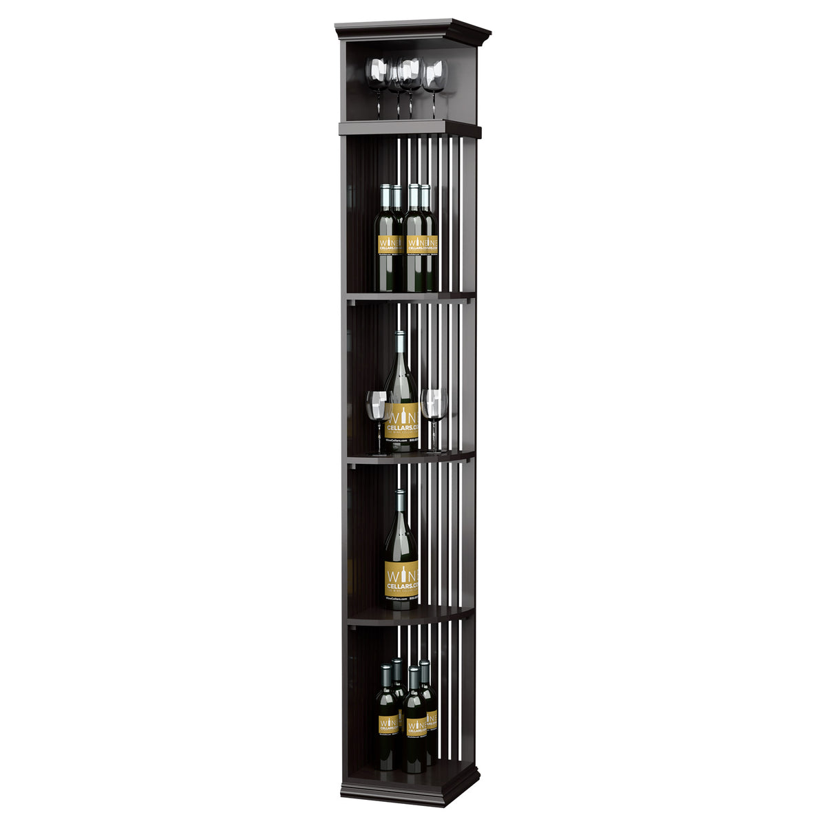 Charcoal wooden wine bottle display shelf with lattice panels and square base