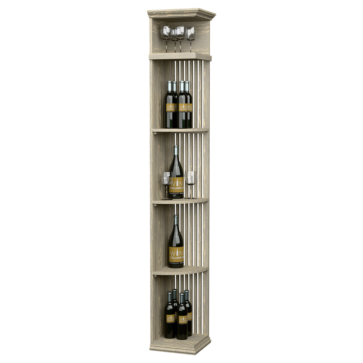 Gray-stained wood wine shelf with lattice panels, square base, and top glass holders