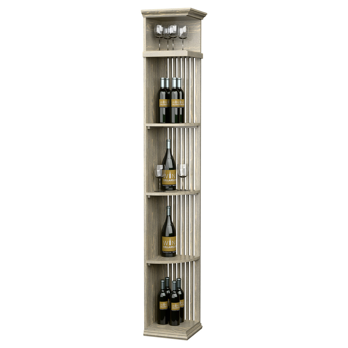 Light wood wine shelf with lattice panels, square base, and top glass holders
