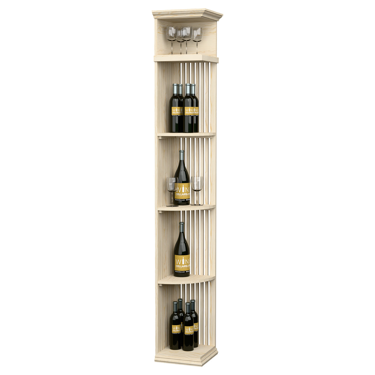 Cream-colored wine shelf with lattice panels, square base, and top glass holders