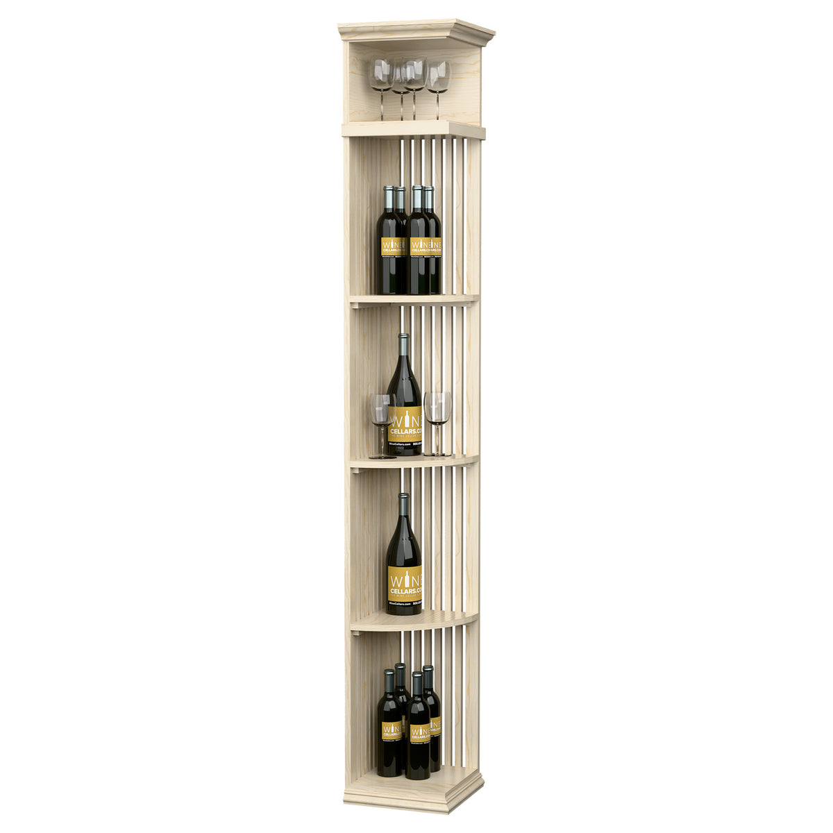 Light cream wine rack with lattice panels, square base, and top glass holders