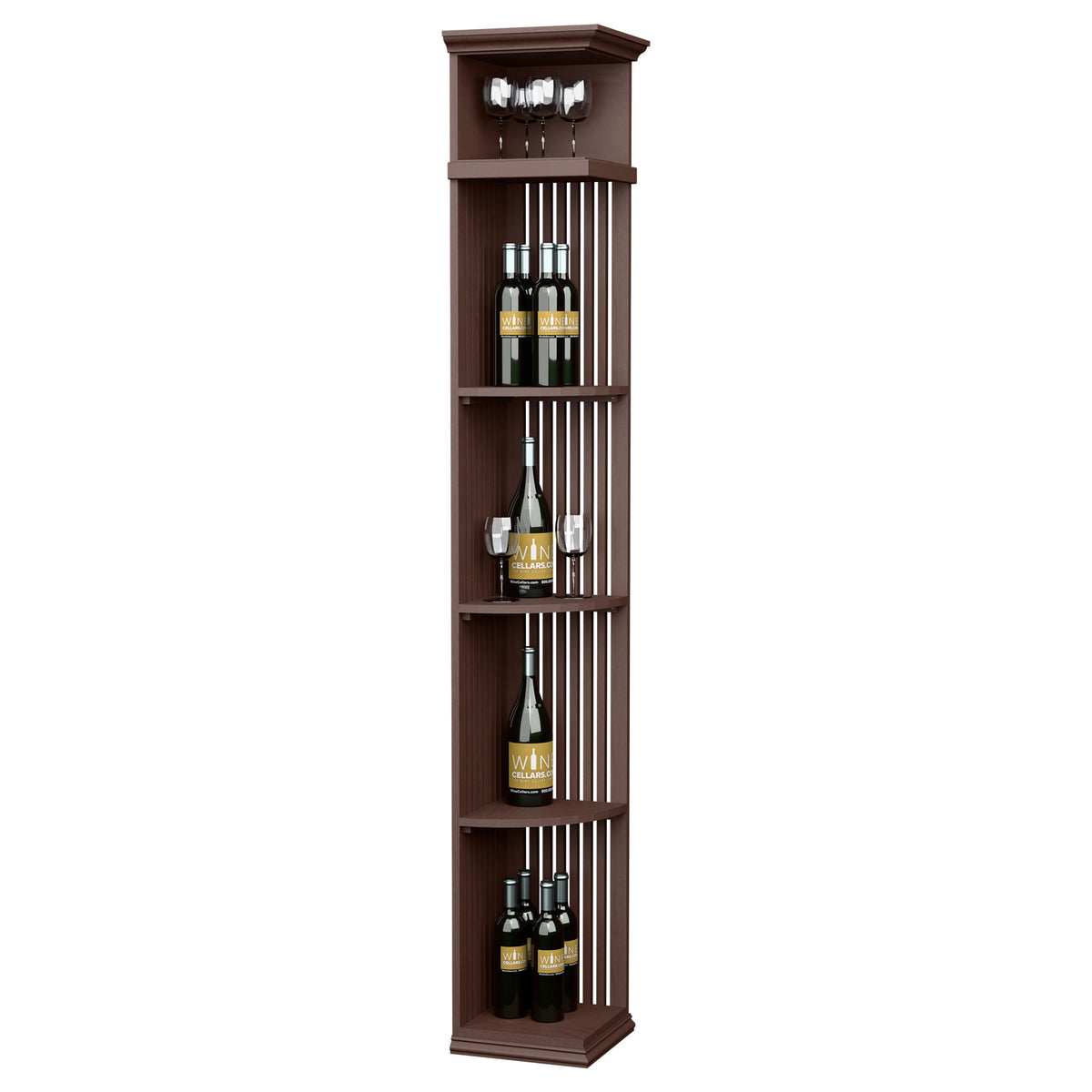 Dark brown wood wine shelf with lattice panels, square base, and top glass holders