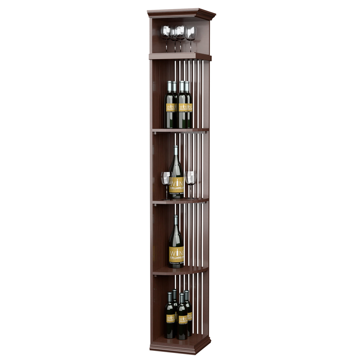 Espresso-brown wine rack with lattice panels, square base, and top glass holders