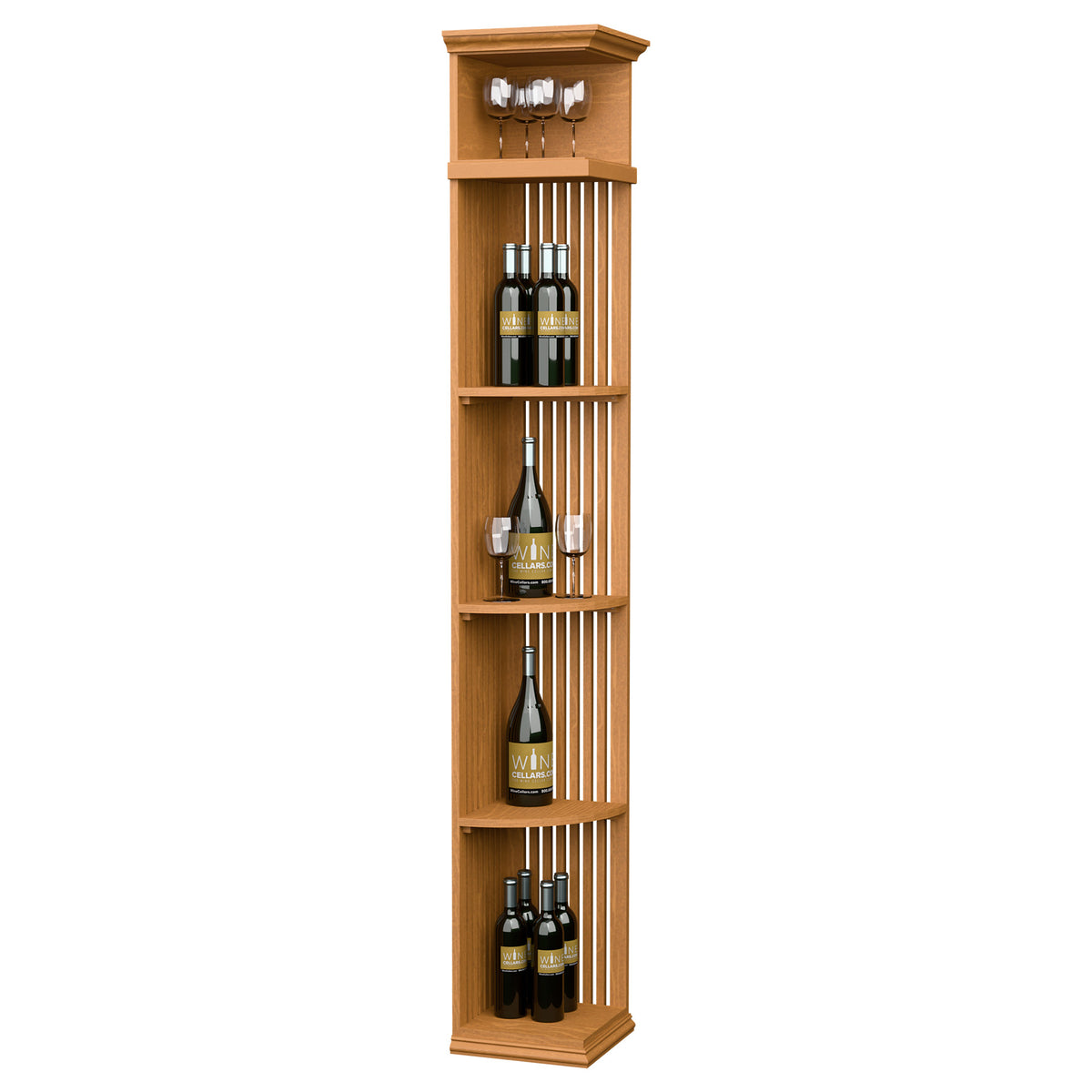 Natural wood wine shelf with lattice panels, square base, and top glass holders