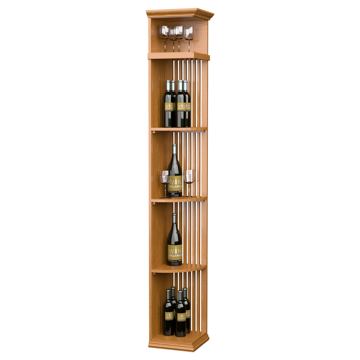 Golden wood wine rack with lattice panels, square base, and top glass holders