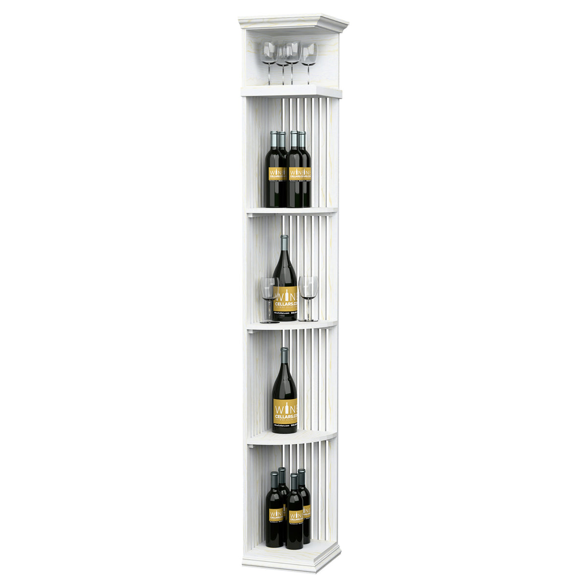 White painted wine shelf with lattice panels, square base, and top glass holders
