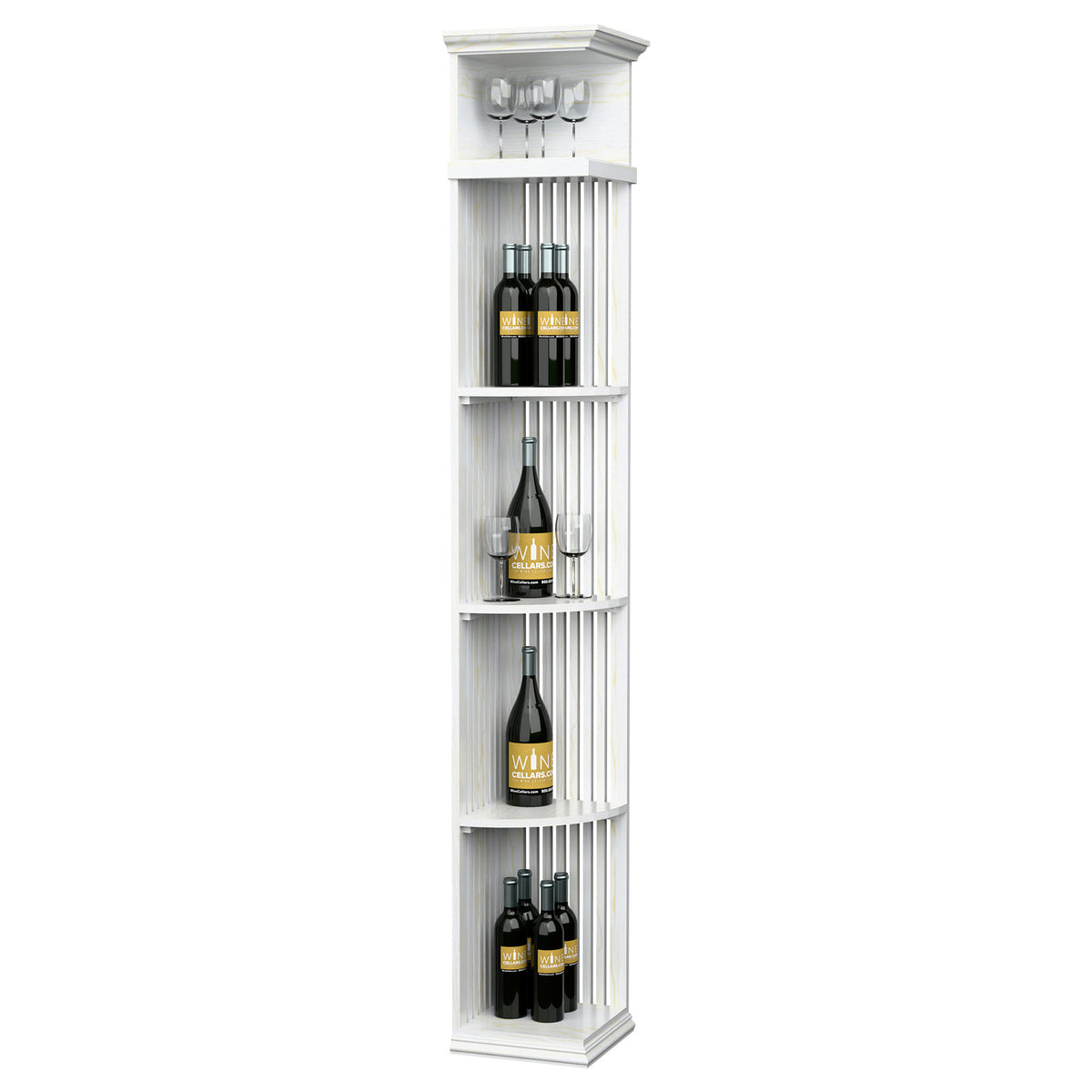 Bright white wine rack with lattice panels, square base, and top glass holders