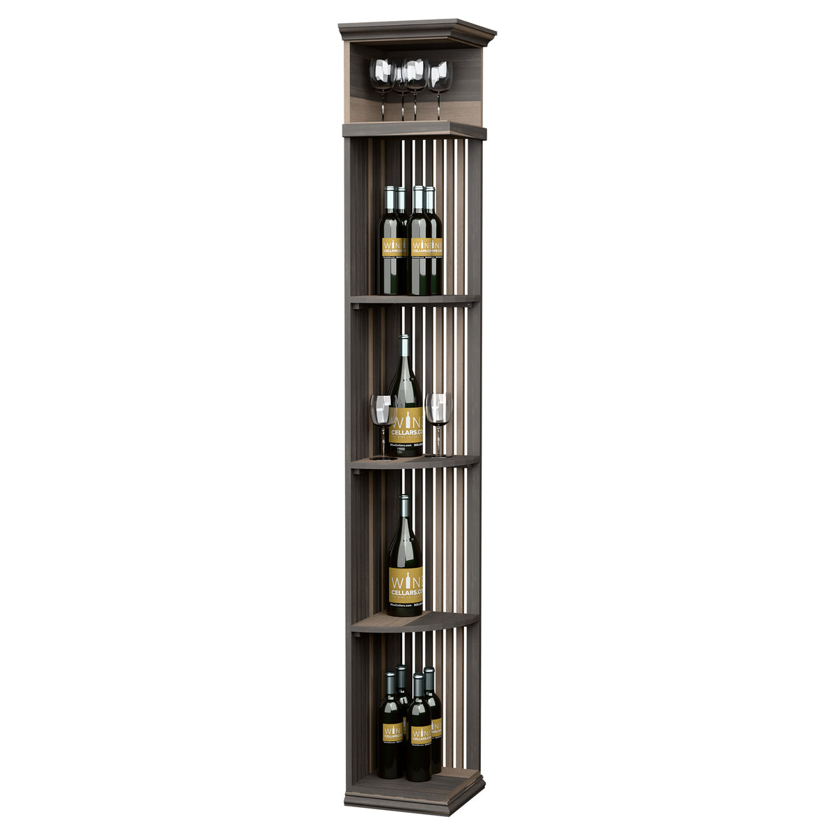 Quarter round wine shelf with lattice sides and square base, dark wood finish