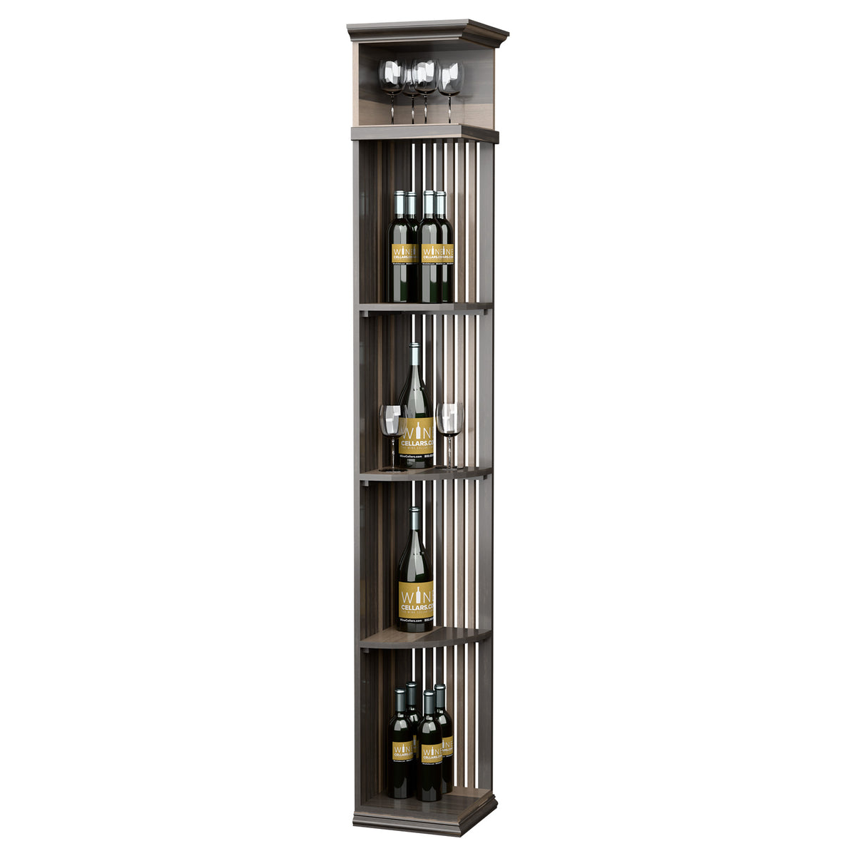 Quarter round wine shelf with lattice sides and square base, medium dark wood finish