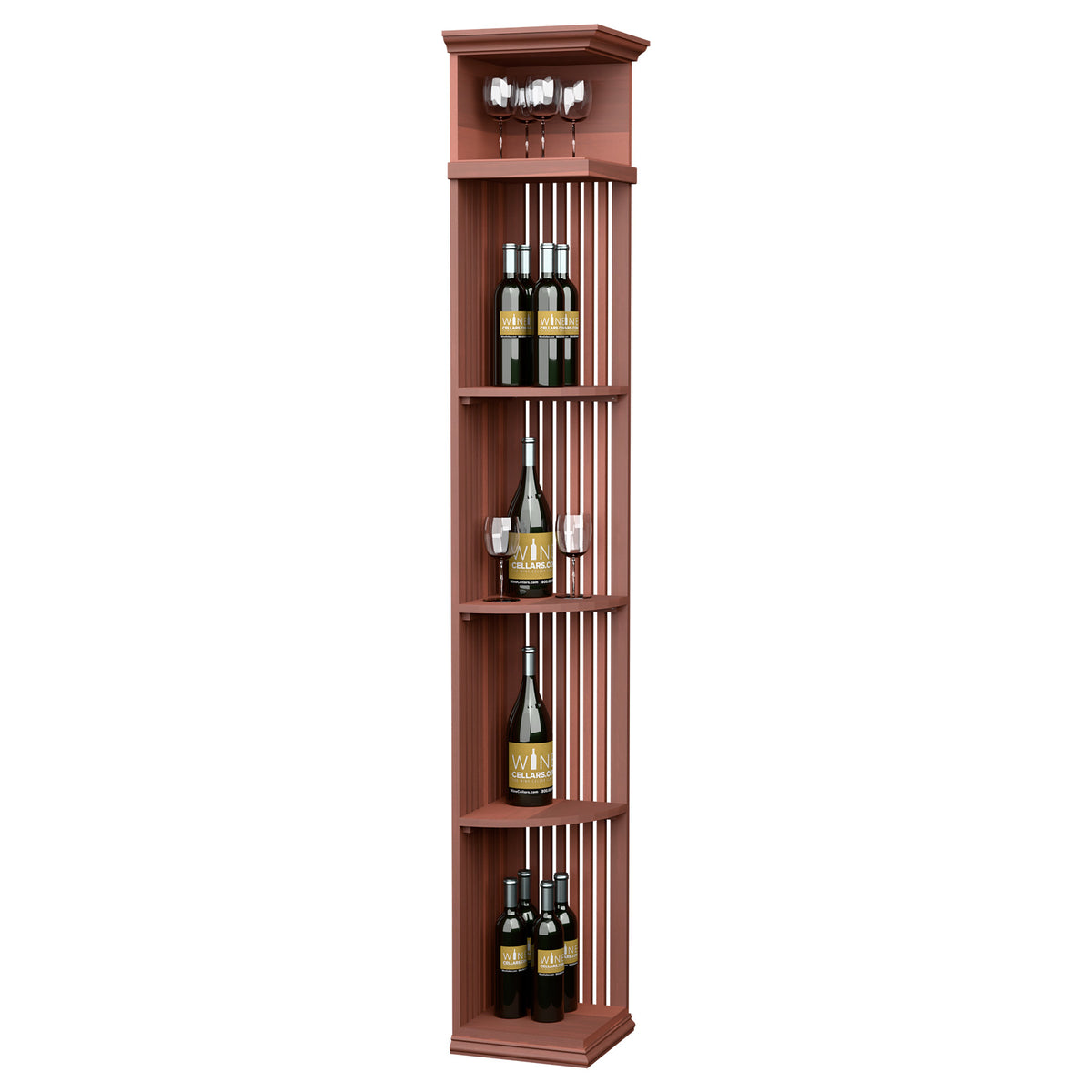 Quarter round wine shelf with lattice sides and square base, red wood finish
