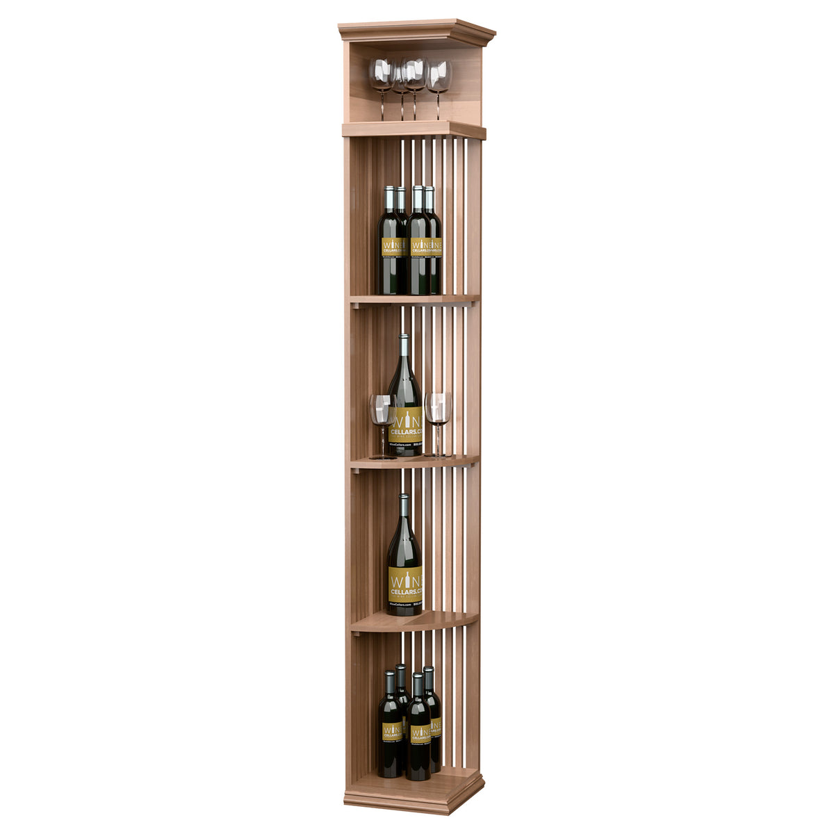 Quarter round wine shelf with lattice sides and square base, pale light wood finish