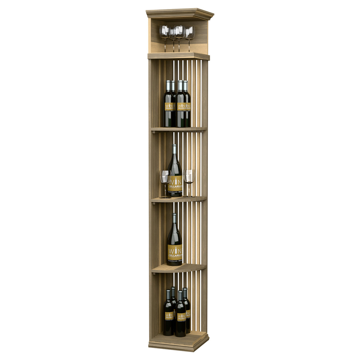 Quarter round wine shelf with lattice sides and square base, light tan wood finish