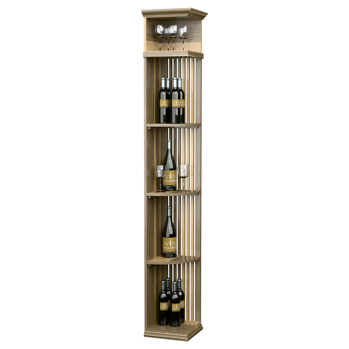 Quarter round wine shelf with lattice sides and square base, warm light wood finish
