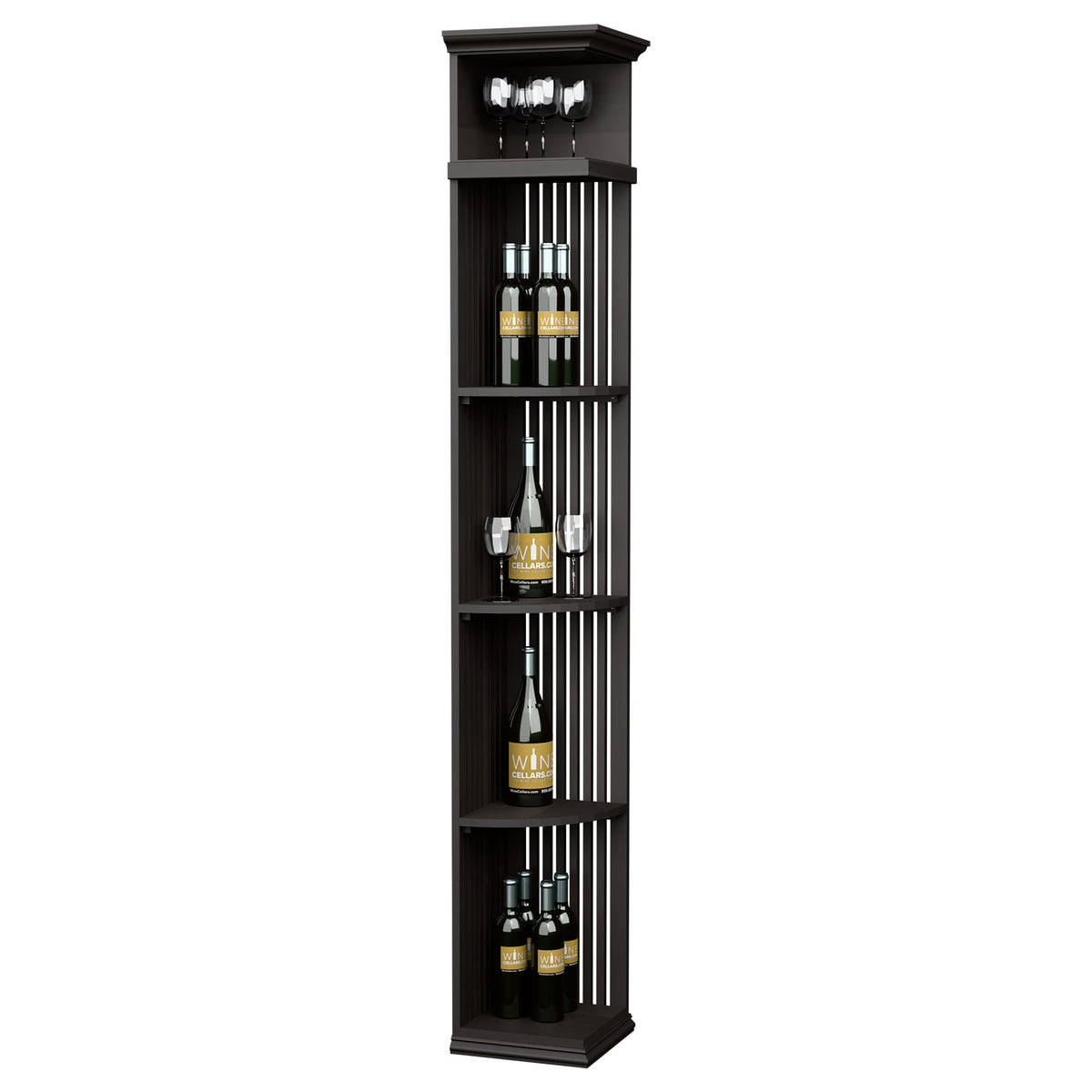 Quarter round wine shelf with lattice sides and square base, black wood finish