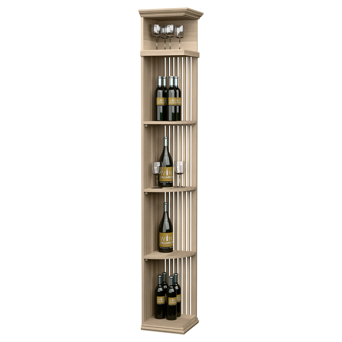 Light wood quarter-round wine bottle shelf with lattice sides and square base, 7 ft
