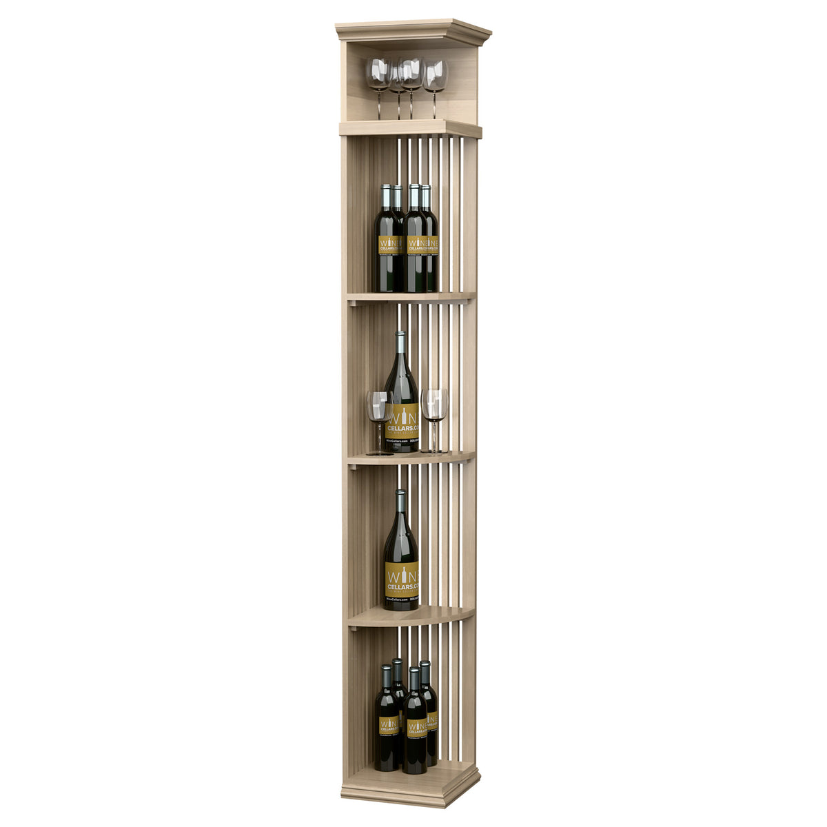 Light wood quarter-round wine shelf with lattice panels, square base, 7 ft height