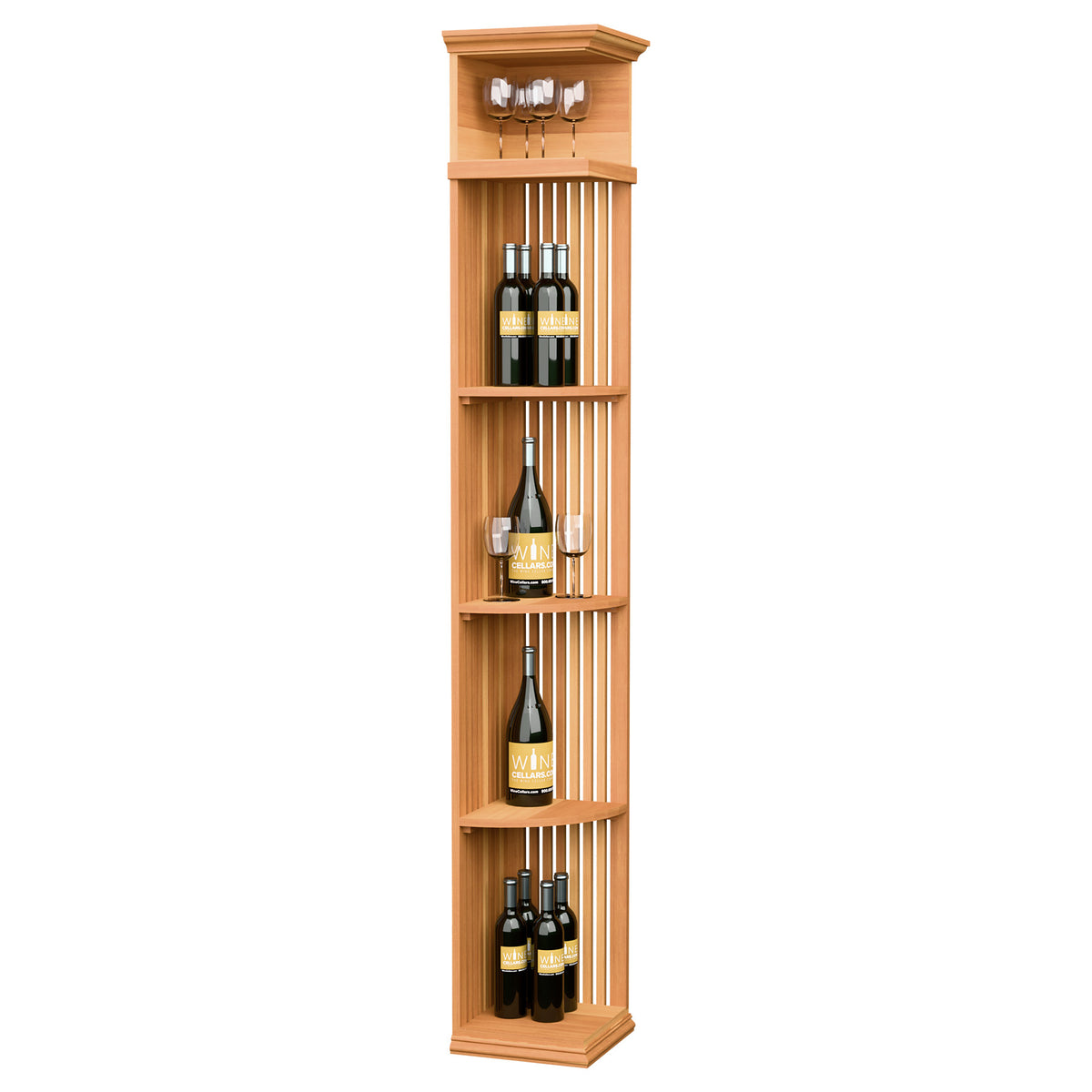 Warm orange wood quarter-round wine bottle shelf with lattice sides and square base, 7 ft