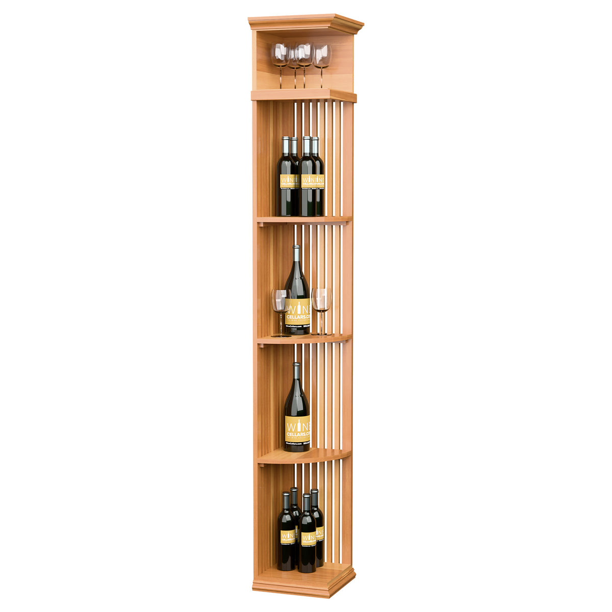 Warm orange quarter-round wine shelf with lattice panels and square base, 7 ft tall