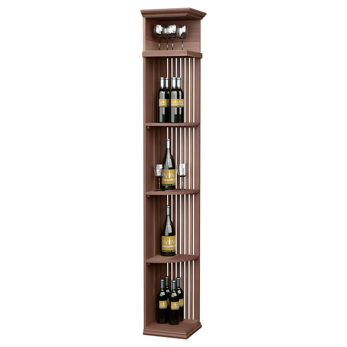 Dark brown quarter-round wine bottle shelf with lattice sides and square base, 7 ft