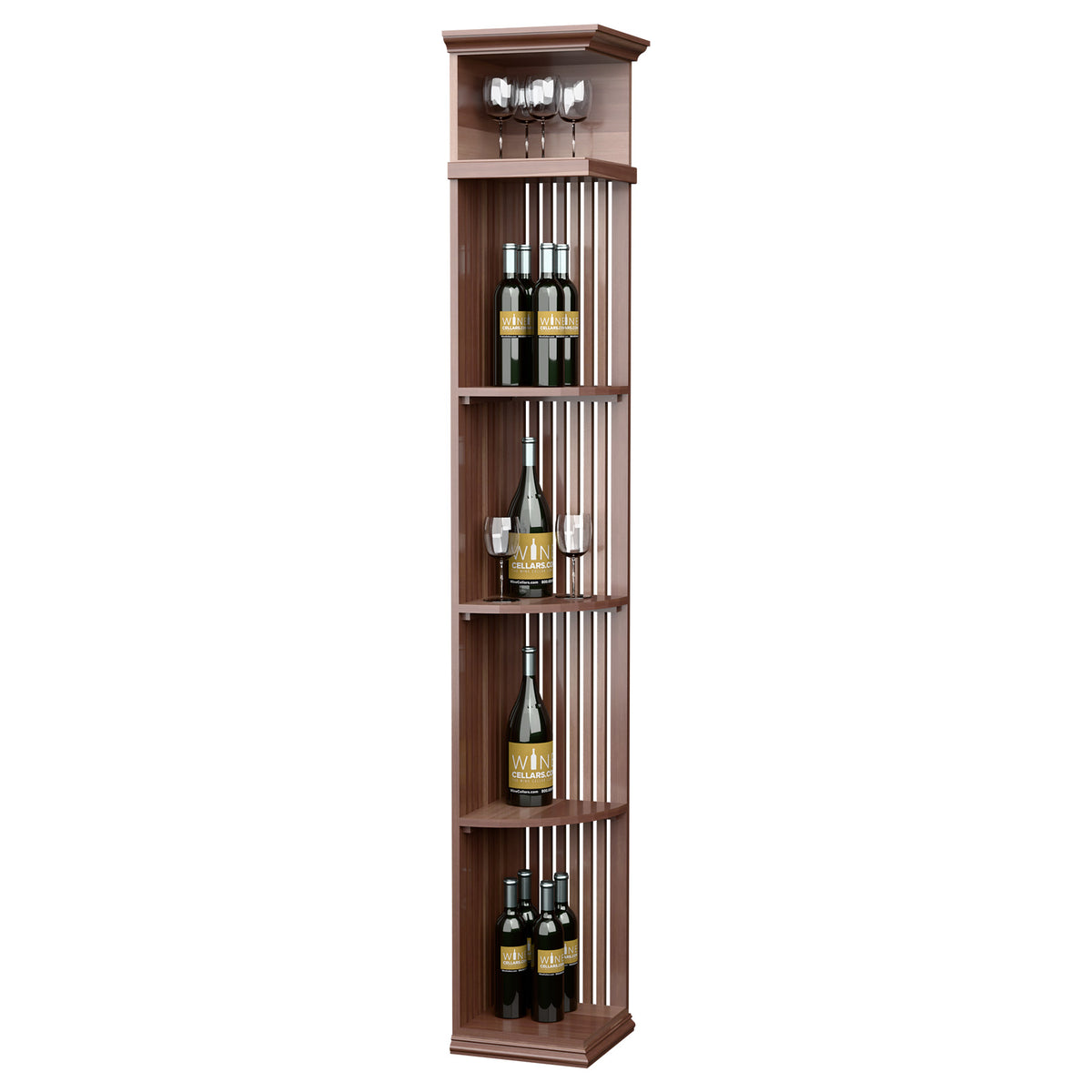Dark brown quarter-round wine shelf with lattice panels and square base, 7 ft height