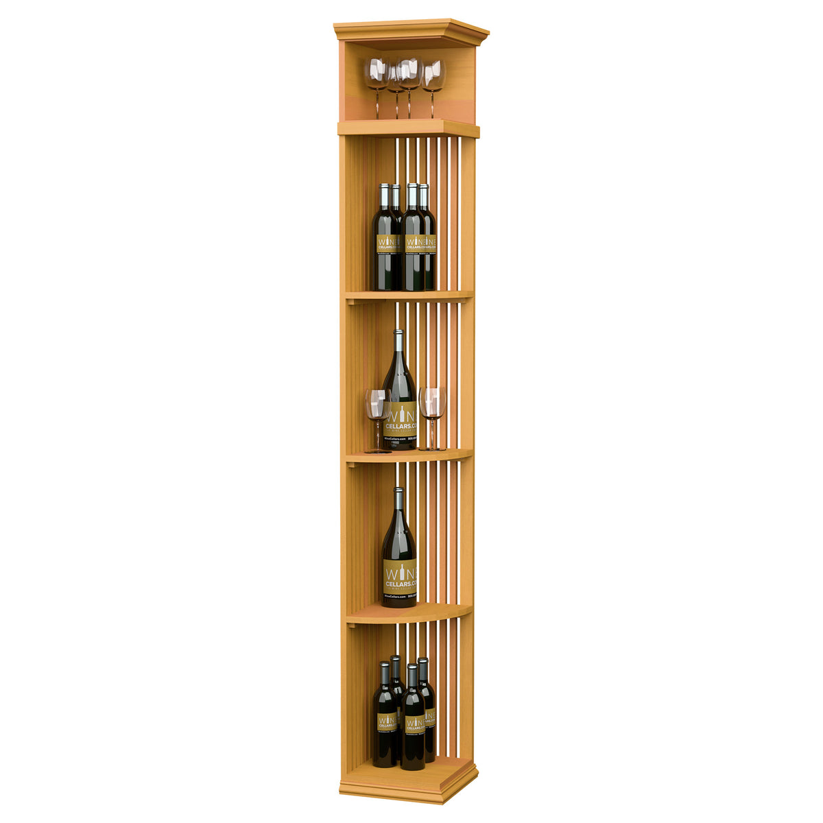 Golden light wood quarter-round wine bottle shelf with lattice sides and square base, 7 ft