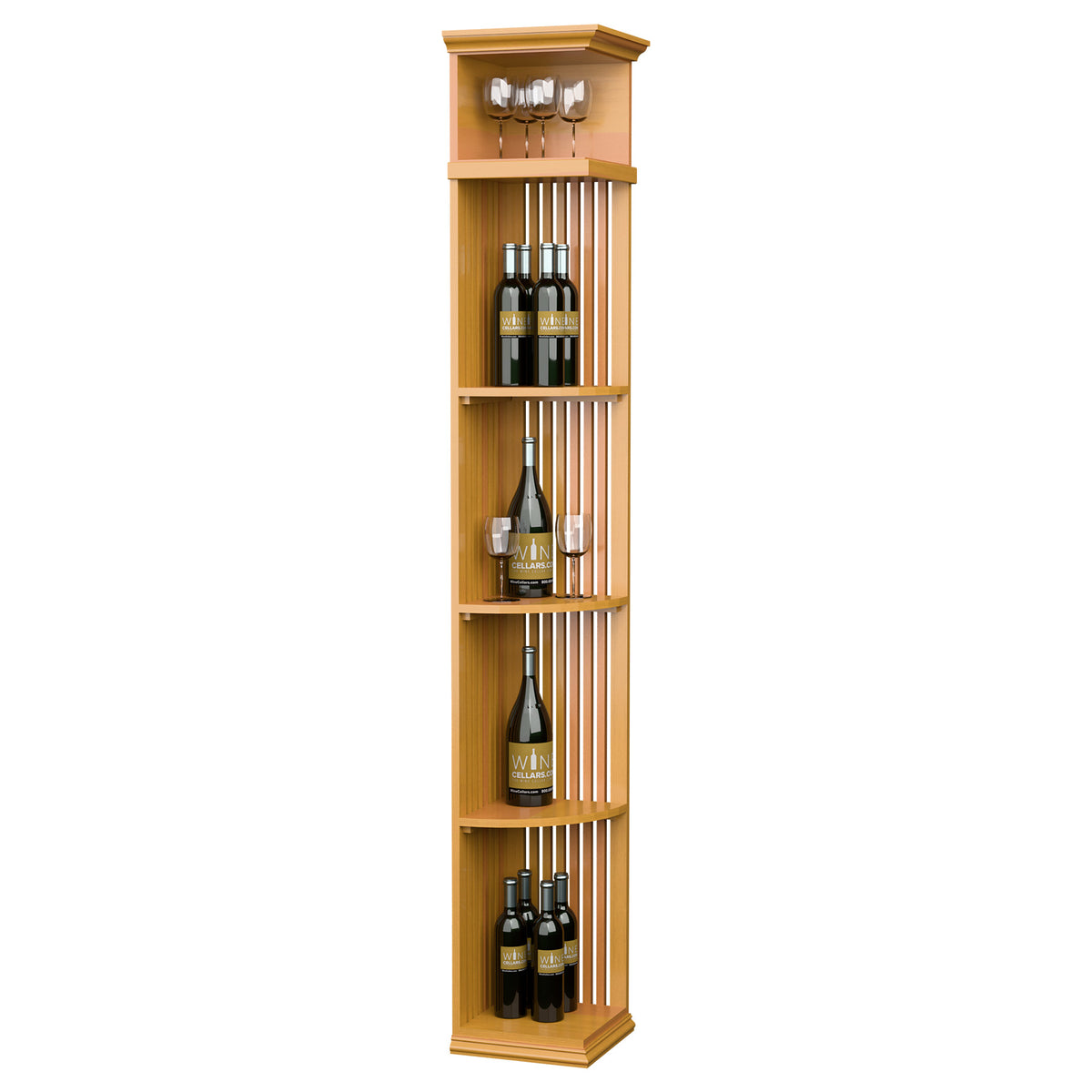Golden light wood quarter-round wine shelf with lattice panels and square base, 7 ft tall