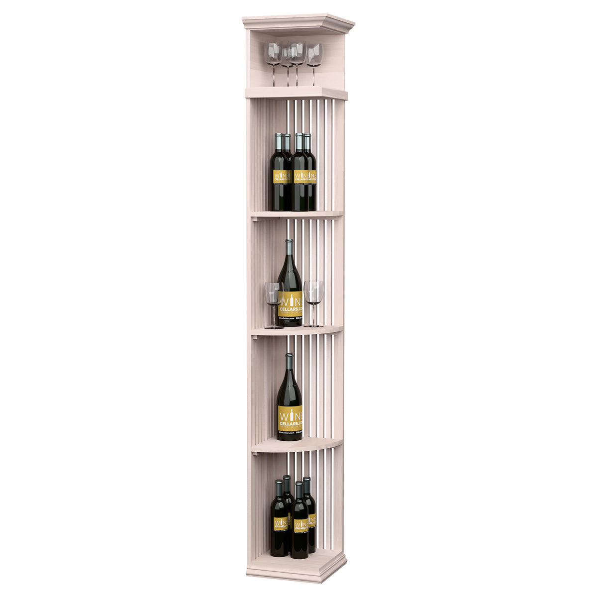 White-washed quarter-round wine bottle shelf with lattice sides and square base, 7 ft