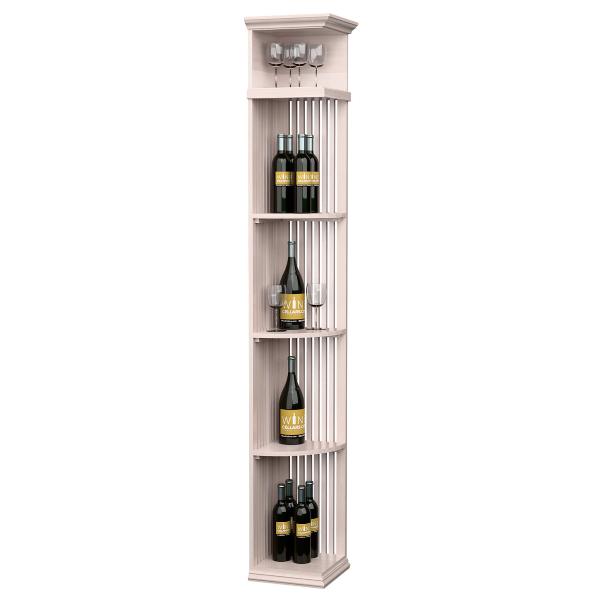 White-washed quarter-round wine shelf with lattice panels and square base, 7 ft height