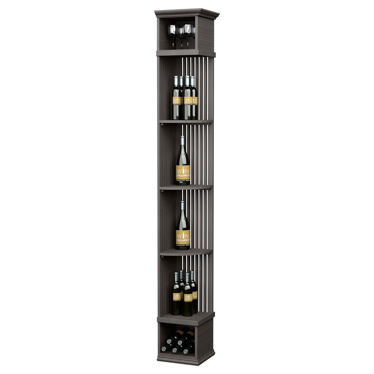 Quarter-round wine shelf with square base, dark wood finish, tiered bottle storage