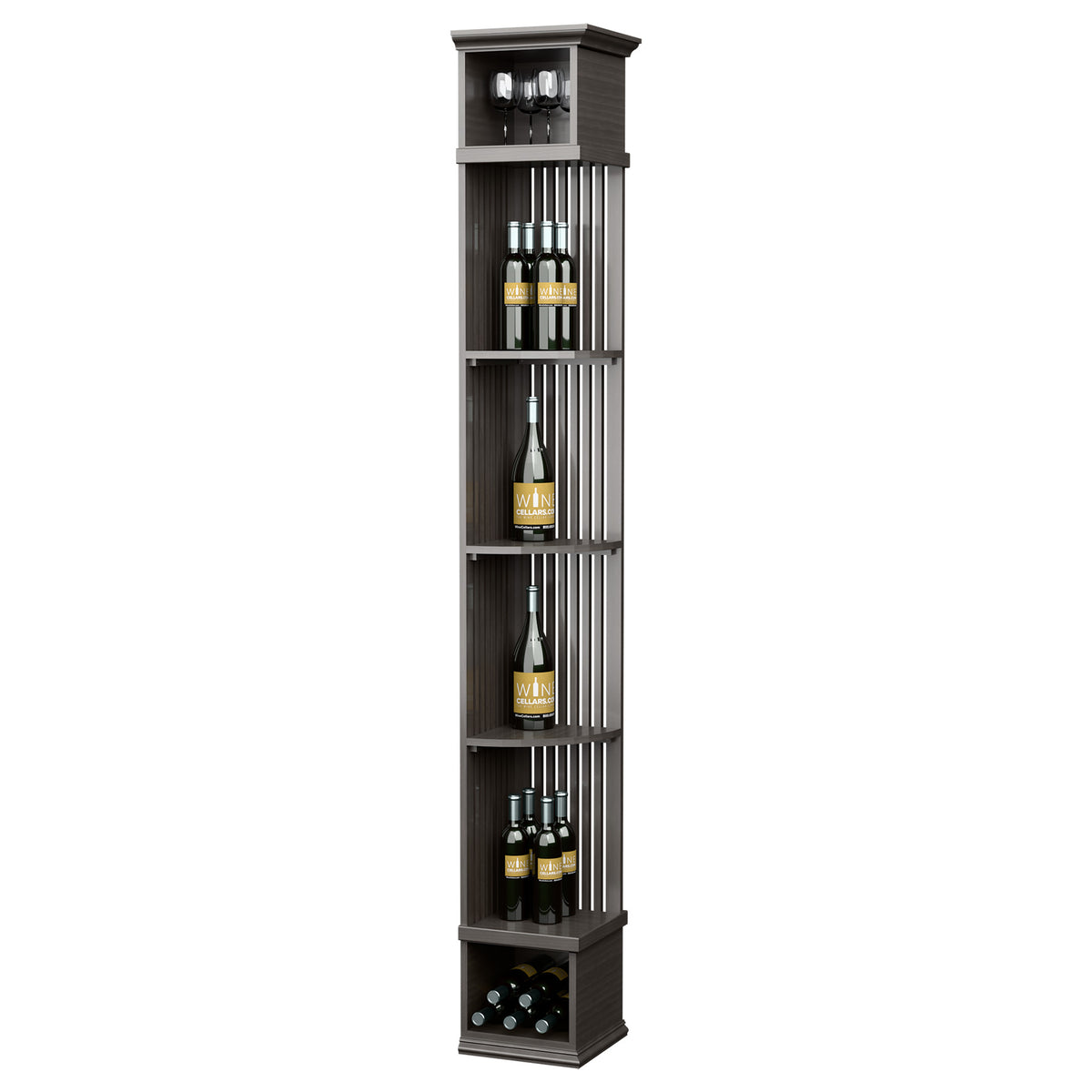 Lattice quarter-round wine display shelf with square base in dark wood, 5 storage tiers
