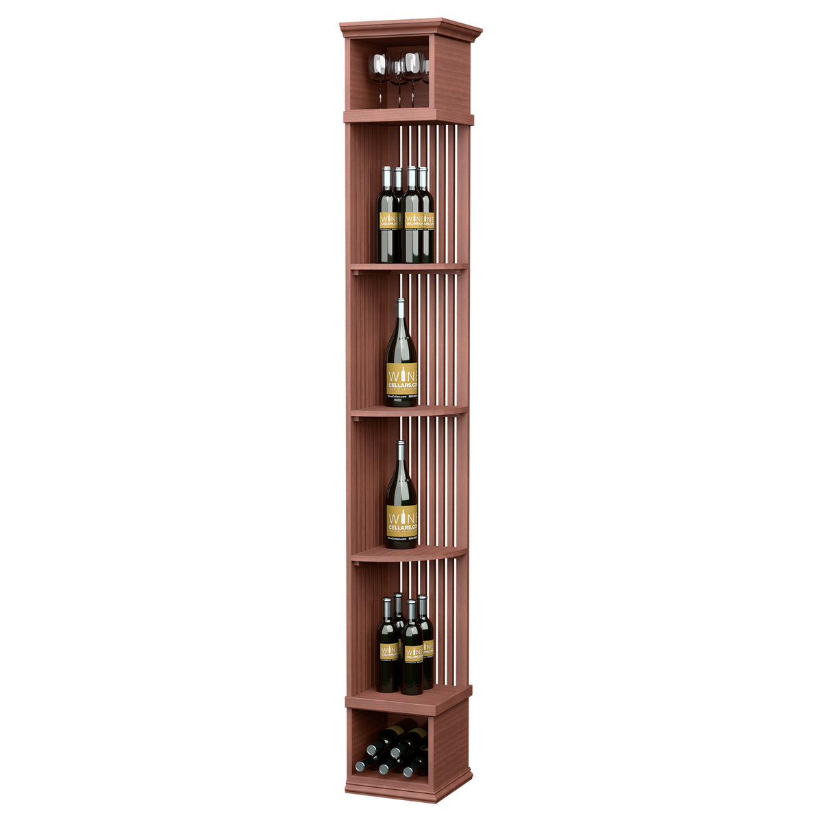 Quarter-round wine shelf with square base, reddish wood finish, lattice bottle racks