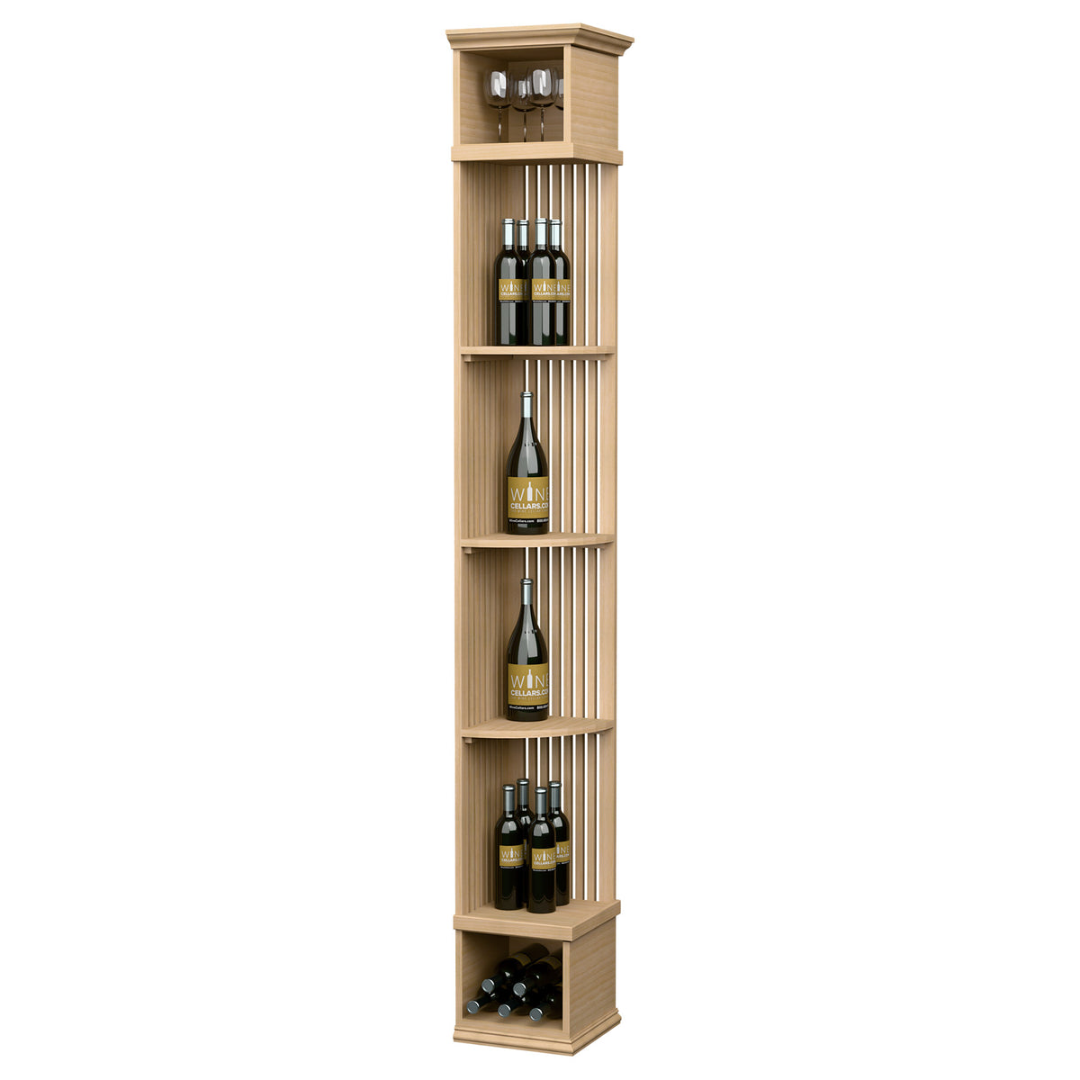 Quarter-round wine shelf with square base, light wood finish, lattice side panels