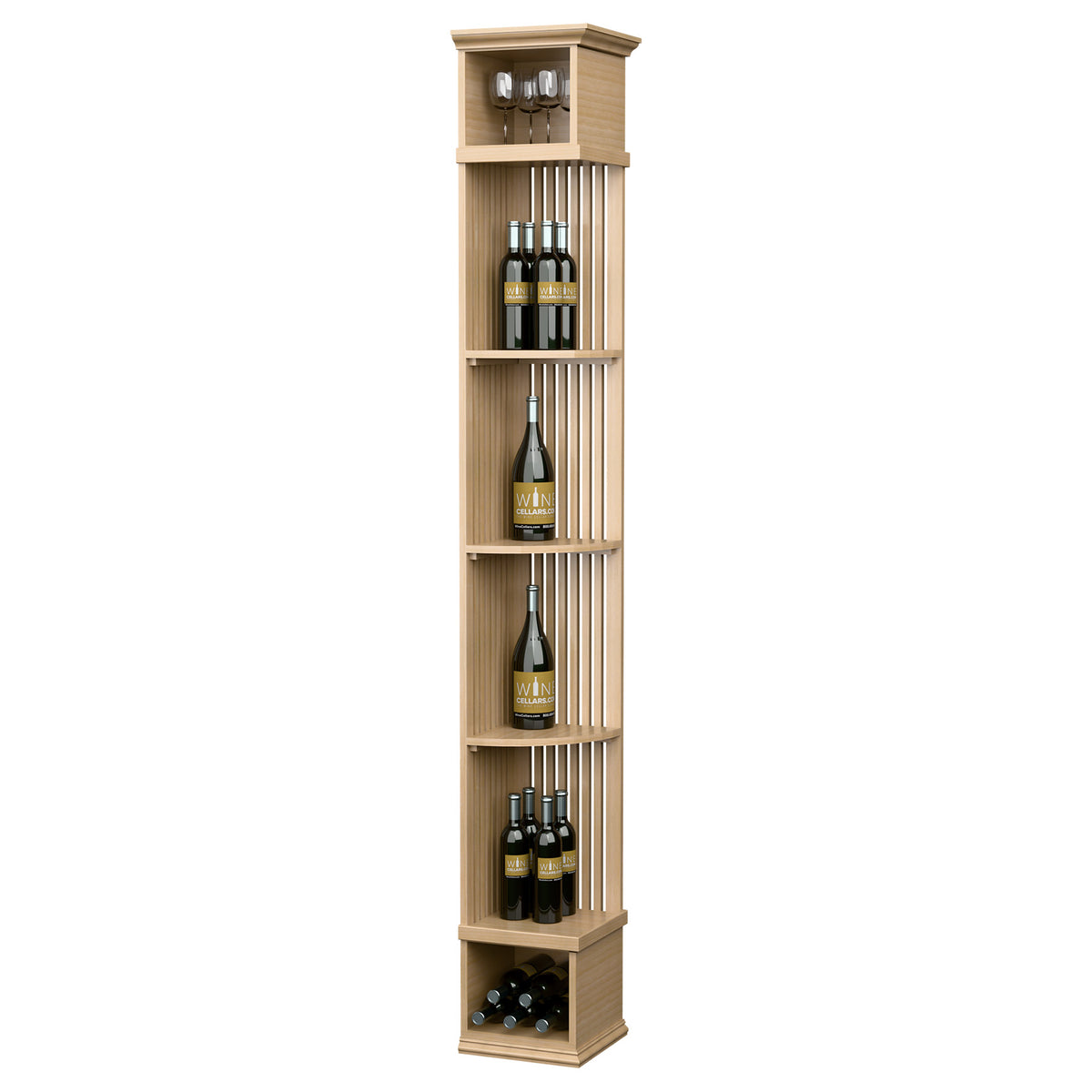 Lattice quarter-round wine display shelf with square base in pale wood, tiered bottle shelves