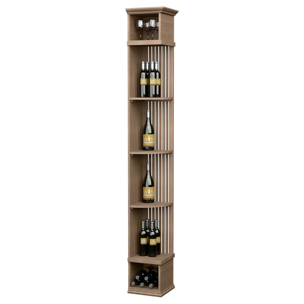 Quarter-round wine rack shelf with square base, natural light wood, lattice bottle storage