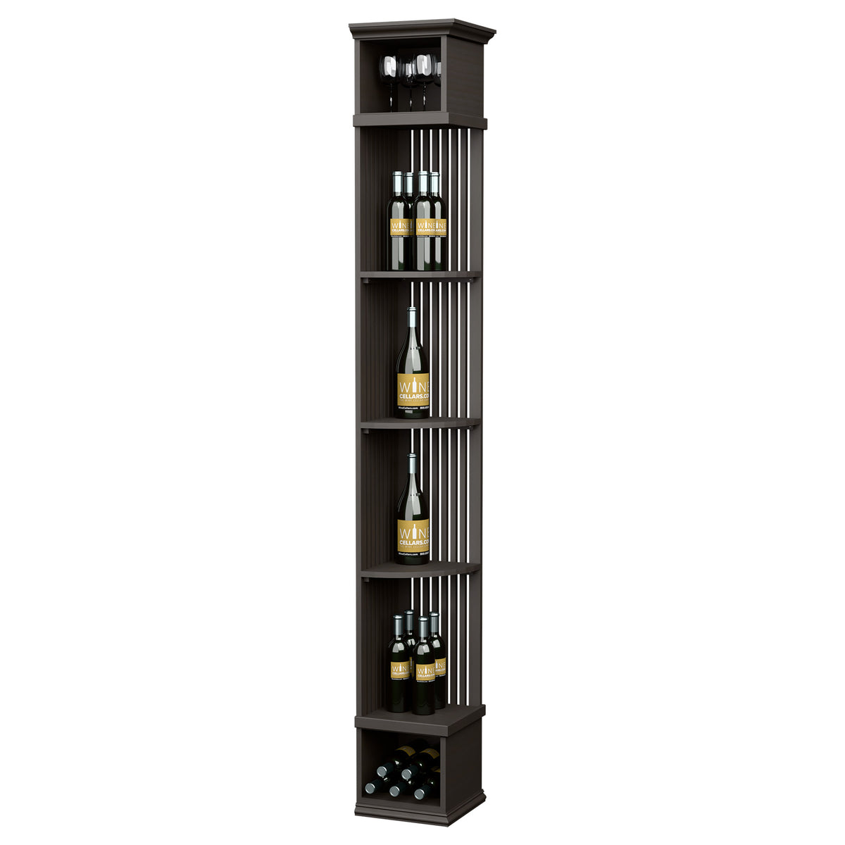 Quarter-round wine shelf with square base, dark wood finish, vertical lattice support panels