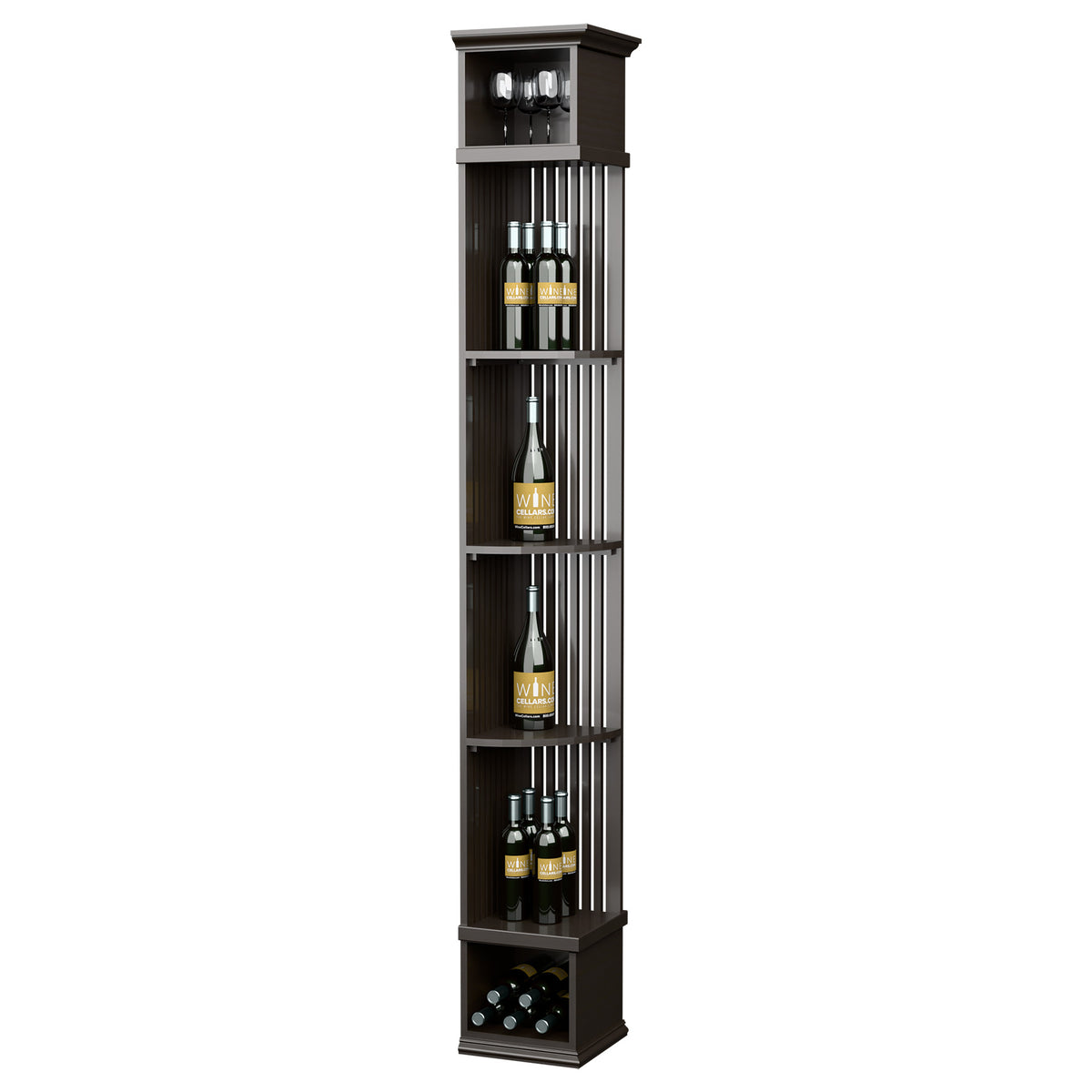 Lattice quarter-round wine display shelf with square base in dark wood, multiple bottle slots