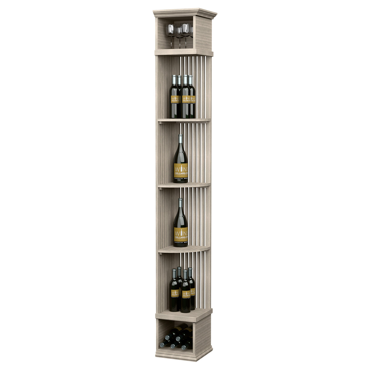 Lattice quarter round wine shelf with square base, light grey, stacked bottle display