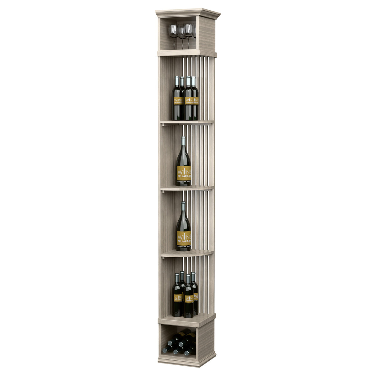 Lattice quarter round wine shelf with square base, light grey, bottle and glass rack